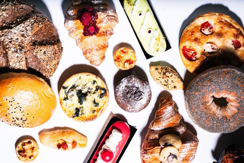 Flat lay of pastries and baked goods