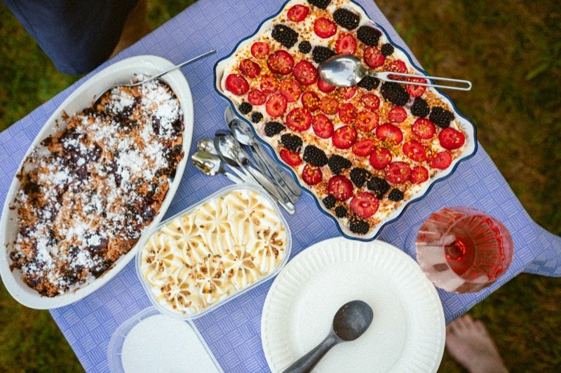 Picnic spread on a gingham tablecloth